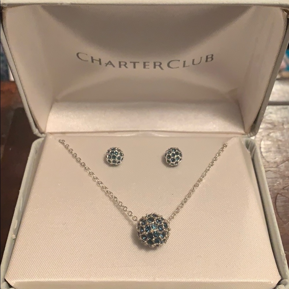 Blue Ball Pendant Necklace and Stud Earrings Set